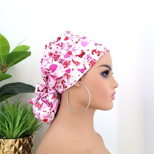 Small Valentine&#39;s Day Satin Lined Scrub Hat, Protect Hair w/Satin Lined Ponytail Scrub Cap. Buttons/Size See Description, Nurse/Surgical Cap