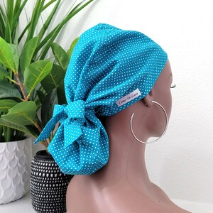 Small Teal Polka Dot Satin Lined Scrub Hat, Protect Hair w/Satin Lined Ponytail Scrub Cap. Buttons/Size See Description, Nurse/Surgical Cap