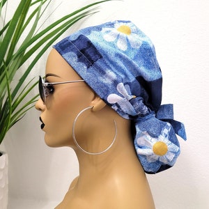 Small, Daisy Denim Patchwork, Satin Lined Scrub Hat, Protect Hair w/Satin Lined Ponytail Scrub Cap, Buttons Option, Nurse/Surgical/Dr Hat
