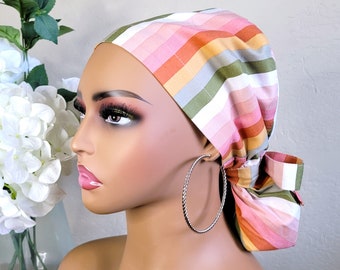 Medium Satin Lined Scrub Hat, Protect Hair w/Satin Lined Ponytail Scrub Cap. Buttons/Size See Description, Nurse/Surgical/Doctor Cap