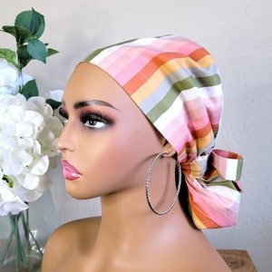 Medium Satin Lined Scrub Hat, Protect Hair w/Satin Lined Ponytail Scrub Cap. Buttons/Size See Description, Nurse/Surgical/Doctor Cap