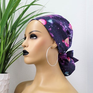 Small Galaxy Satin Lined Scrub Hat, Protect Hair w/Satin Lined Ponytail Scrub Cap. Buttons/Size See Description, Nurse/Surgical Cap