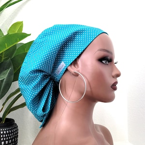 Medium Teal Polka Dot Satin Lined Scrub Hat, Protect Hair w/Satin Lined Ponytail Scrub Cap. Buttons/Size See Description, Nurse/Surgical Cap