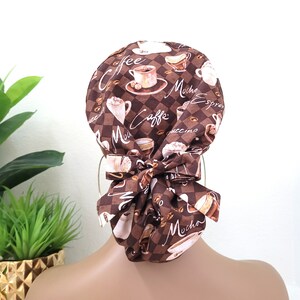 Large Coffee Time Satin Lined Scrub Hat, Protect Hair w/Satin Lined Ponytail Scrub Cap. Buttons/Size Options, Nurse/Surgical/Dr Cap