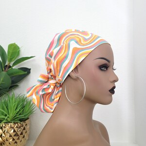 Small, Groovy Style Satin Lined Scrub Hat, Protect Hair w/Satin Lined Ponytail Scrub Cap. Buttons/Size Options, Nurse/Surgical/Doctor Cap