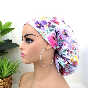 Large Floral Satin Lined Ponytail Scrub Hat, Protect Hair w/Satin Lined Ponytail Scrub Cap. Buttons, Size Option, Nurse/Surgical/Dr Cap