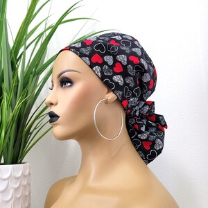 Small Hearts Satin Lined Scrub Hat, Protect Hair w/Satin Lined Ponytail Scrub Cap. Buttons/Size See Description, Nurse/Surgical/Doctor Cap