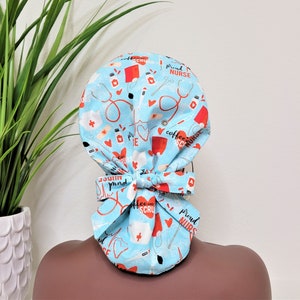Medium Satin Lined Scrub Hat, Protect Hair w/Satin Lined Ponytail Scrub Cap, Button/Size Options See Description, Nurse/Surgical Hat