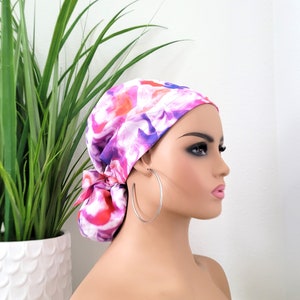 Small Tie Dye Satin Lined Scrub Hat, Protect Hair w/Satin Lined Ponytail Scrub Cap. Buttons/Size See Description, Nurse/Surgical/Doctor Cap