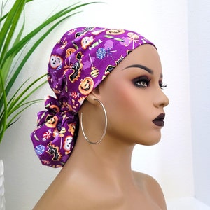 Small, Halloween Treats, Satin Lined Scrub Hat, Protect Hair w/Satin Lined Ponytail Scrub Cap. Button/Size Option, Nurse/Surgical/Dr Cap