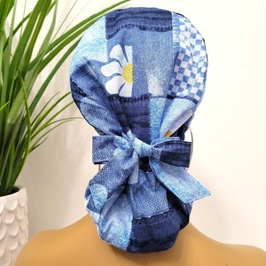 Medium, Daisy Denim Patchwork, Satin Lined Scrub Hat, Protect Hair w/Satin Lined Ponytail Scrub Cap, Buttons Option, Nurse/Surgical/Dr Hat