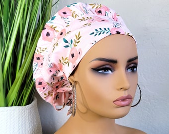 Medium Bouffant Satin Lined Scrub Hat, Protect Hair w/Satin Lined Ponytail Scrub Cap. Buttons/Size See Description, Nurse/Surgical Cap