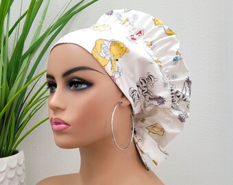 Medium, Protect Hair w/Pooh Bear Satin Lined Bouffant Scrub Cap, Button/Size Option, Nurse/Surgical/Dr. Cap, Satin Lined Scrub Hat