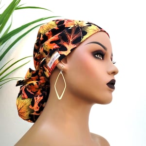 Small Fall Leaves Satin Lined Scrub Hat, Protect Hair w/Satin Lined Ponytail Scrub Cap. Button/Size Option, See Description, Surgical Cap