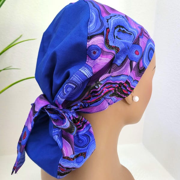 Medium, Blue/Purple Swirls Two Tone Satin Lined Ponytail Scrub Cap, Protect Hair Satin w/Lining, Anti-Frizz, Nurse/Surgical/Doctor Scrub Hat