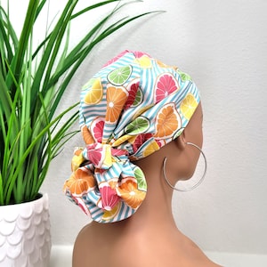 Small, Orange/Lemon/Lime/Grapefruit Slices, Satin Lined Scrub Cap, Protect Hair w/Satin Lined Scrub Cap, Button/Size Options, Nurse/Dr Hat