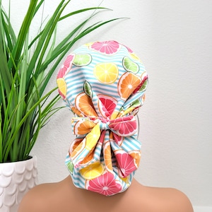 Medium, Orange/Lemon/Lime/Grapefruit Slices, Satin Lined Scrub Cap, Protect Hair w/Satin Lined Scrub Cap, Button/Size Options, Nurse/Dr Hat