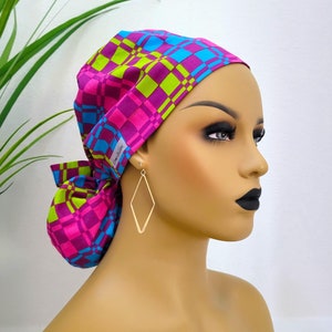 Small Satin Lined Scrub Hat, Protect Hair w/Satin Lined Ponytail Scrub Cap. Buttons/Size Options, Nurse/Surgical/Dr Hat, Fully Satin Lined