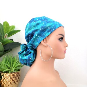 Small Ocean Blue Satin Lined Scrub Hat, Protect Hair w/Satin Lined Ponytail Scrub Cap. Buttons/Size Options, Nurse/Surgical/Doctor Cap