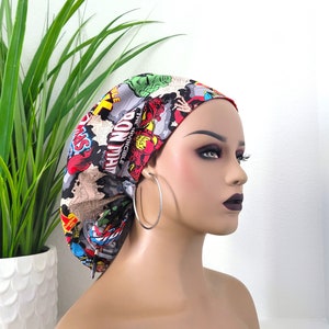 Small, Comic Heroes Satin Lined Scrub Hat, Protect Hair w/Satin Lined Ponytail Scrub Cap. Buttons/Size Options, Nurse/Surgical/Doctor Cap