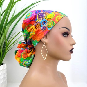 Small, Swirls Satin Lined Scrub Hat, Protect Hair w/Satin Lined Ponytail Scrub Cap. Buttons/Size Options, Nurse/Surgical/Doctor Hat