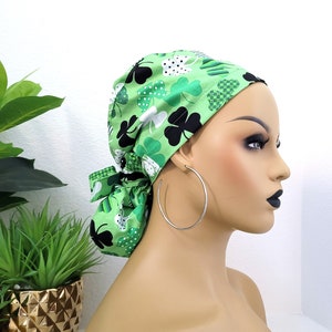 Small Clover Print Satin Lined Scrub Hat, Protect Hair w/Satin Lined Ponytail Scrub Cap. Buttons/Size See Description, Nurse/Surgical/Dr Cap