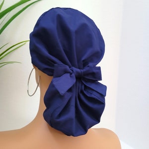 Medium Satin Lined Scrub Hat, Protect Hair w/Satin Lined Ponytail Scrub Cap. Buttons/Size Options, Nurse/Surgical/Doctor Hat, Navy Blue Hat