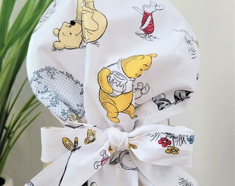 Medium Protect Hair w/Pooh Bear Satin Lined Ponytail Scrub Cap, Button/Size Option, See Description,Nurse/Surgical/Dr. Cap, Medium Scrub Hat