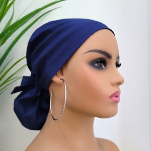 Small Satin Lined Scrub Hat, Protect Hair w/Satin Lined Ponytail Scrub Cap. Buttons/Size Options, Nurse/Surgical/Doctor Hat, Navy Blue Hat