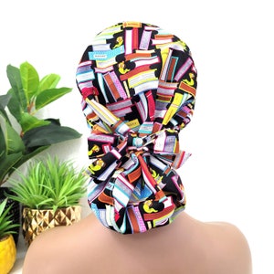 Medium Booksmart Satin Lined Scrub Hat, Protect Hair w/Satin Lined Ponytail Scrub Cap. Buttons/Size Options, Nurse/Surgical/Doctor Cap
