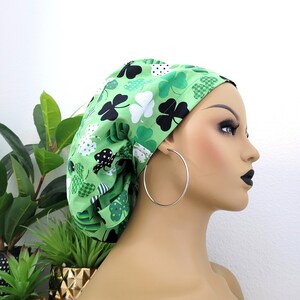 Large Clover Print Satin Lined Scrub Hat, Protect Hair w/Satin Lined Ponytail Scrub Cap. Buttons/Size See Description, Nurse/Surgical/Dr Cap