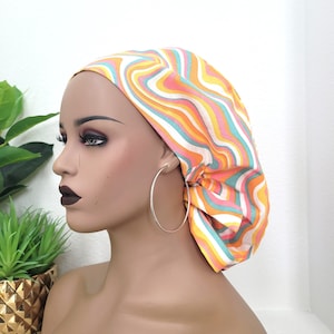 Large, Groovy Style Satin Lined Scrub Hat, Protect Hair w/Satin Lined Ponytail Scrub Cap. Buttons/Size Options, Nurse/Surgical/Doctor Cap
