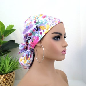 Small Floral Satin Lined Ponytail Scrub Hat, Protect Hair w/Satin Lined Ponytail Scrub Cap. Buttons, Size Option, Nurse/Surgical/Dr Cap