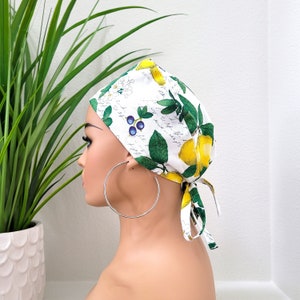 Small, Sweet Lemons Surgical Satin Lined Scrub Hat, Protect Hair w/Satin Lined Surgical Scrub Cap, Buttons Option, Surgical Hat