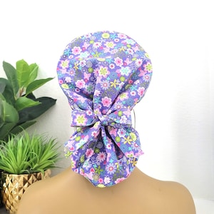 Medium, Floral Satin Lined Scrub Hat, Protect Hair w/Satin Lined Ponytail Scrub Cap. Buttons/Size Options, Nurse/Surgical/Doctor Cap