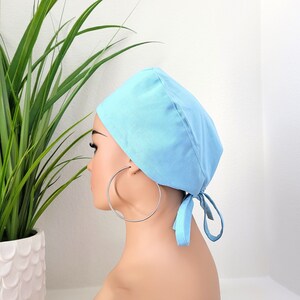 Medium, Light Blue Surgical Satin Lined Scrub Hat, Protect Hair w/Satin Lined Surgical Scrub Cap, Buttons Option, Surgical Hat