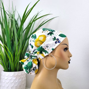 Small, Lemon/Blueberry Satin Lined Scrub Hat, Protect Hair w/Satin Lined Ponytail Scrub Cap, Buttons/Size Options, Nurse/Surgical/Dr Cap