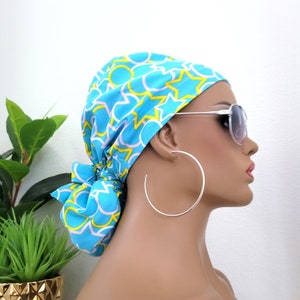 Small, Summer Fun Satin Lined Scrub Hat, Protect Hair w/Satin Lined Ponytail Scrub Cap. Buttons/Size Options, Nurse/Surgical/Doctor Cap