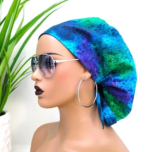 Large, Protect Hair w/Satin Lined Ponytail Scrub Cap, Carribean Blue, Button/Size Options, Satin Lined Scrub Hat, Nurse/Surgical/Doctor Hat