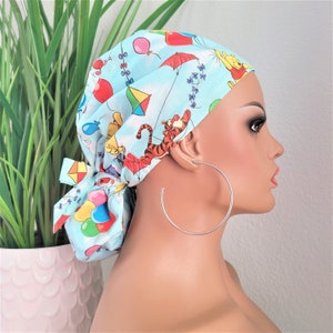 Medium Pooh Bear Satin Lined Scrub Hat, Protect Hair w/Satin Lined Ponytail Scrub Cap, Button/Size, See Description,Nurse/Surgical Cap