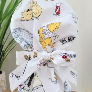 Medium Protect Hair w/Pooh Bear Satin Lined Ponytail Scrub Cap, Button/Size Option, See Description,Nurse/Surgical/Dr. Cap, Medium Scrub Hat