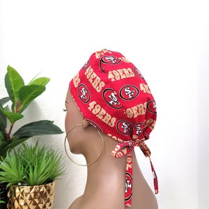 Medium 49ers Satin Lined Scrub Hat, Protect Hair w/Satin Lined Surgical Scrub Cap, Button/Size Options See Description, Nurse/Surgical Hat