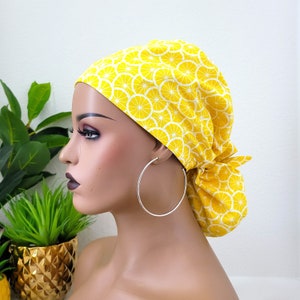 Small, Lemon Slices Satin Lined Scrub Hat, Protect Hair w/Satin Lined Ponytail Scrub Cap. Buttons/Size Options, Nurse/Surgical/Doctor Cap