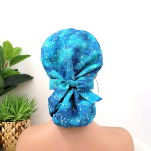 Medium, Protect Hair w/Satin Lined Ponytail Scrub Cap, Carribean Blue, Button/Size Options, Satin Lined Scrub Hat, Nurse/Surgical/Doctor Hat