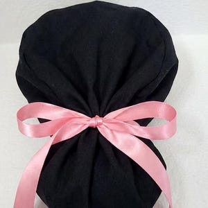 Large, Black Cotton, Pink Satin Lined Work Hat w/Pink Ribbon | Hair Protective Work Cap | For Natural Hair | Adjustable Anti-Frizz Cap