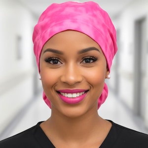 Large, Protect Hair w/Pink Marble Satin Lined Scrub Hat, Satin Lined Ponytail Scrub Cap. Button/Size Options. Nurse/Surgical/Dr. Cap
