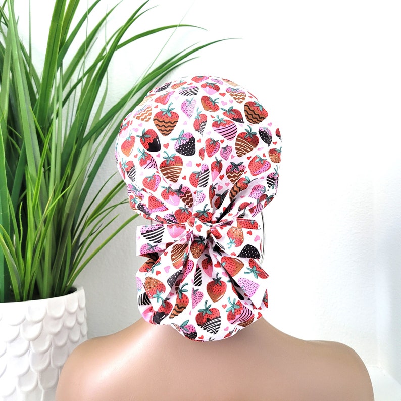 Large Chocolate Covered Strawberries Satin Lined Scrub Hat, Satin Lined