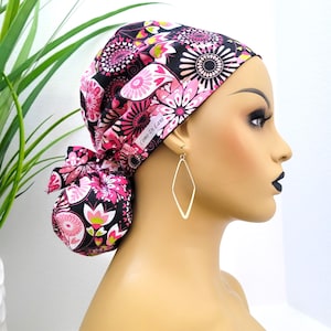 Medium Satin Lined Scrub Hat, Protect Hair w/Satin Lined Ponytail Scrub Cap, Button/Size Options, See Description, Nurse/Surgical Hat, DVM