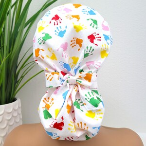 Medium, Cute Tiny Handprints, Satin Lined Scrub Hat, Protect Hair w/Satin Lined Ponytail Scrub Cap, Nurse/Surgical/Dr Cap, Full Satin Lining
