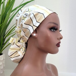 Small, Elegant Gold on White Satin Lined Scrub Cap, Protect Hair w/Satin Lined Ponytail Scrub Cap, Nurse/Surgical/Dr Cap, Full Satin Lining